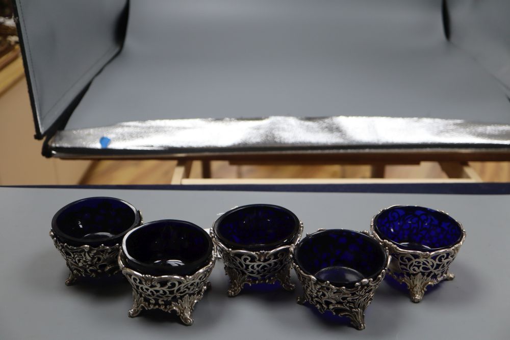A set of three early Victorian pierced silver salts by The Barnards, London,1840 and a pair, London 1843.